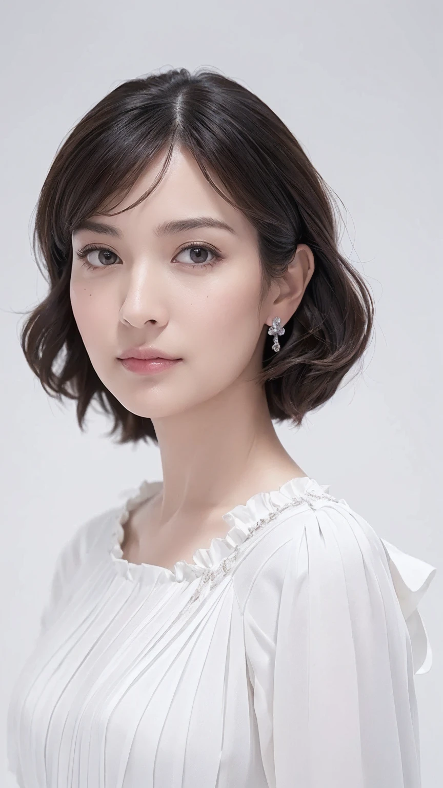 (( top quality)), ((8k)), ((masterpiece: 1.3)), ( perfect appearance ), ( Photorealism: 1.6), (on), (Mature Woman),  Perfect Anatomy, ((65 years old)), ((Standing)), (Short bangs,  Wave Semi Long), (white neat frill blouse), ( upper body lift with an emphasis on facial expression), ( gentle expression), ( white background ),