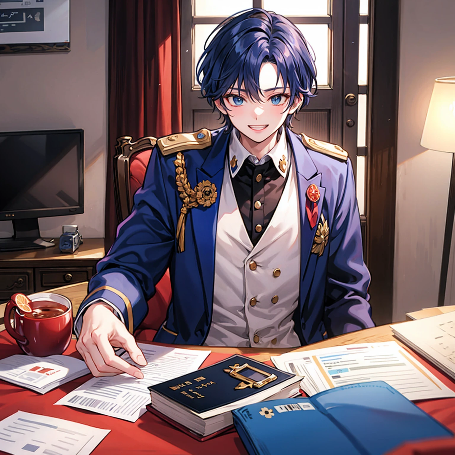 (highest resolution, distinct_image) A man of the best quality, masterpiece, highly detailed, semi realistic, black short haired man, mature man, tall, strong, center bangs, blue uniform, military uniform, military academy, unruly, studying, holding a book