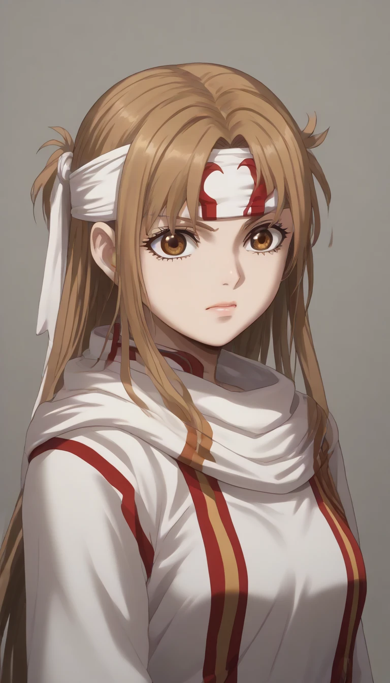 cowboy shot  masterpiece, super detail, high details, high quality, best quality, highres, 1080P, 8k, 16k  brown eyes very accurate clothing  score_9, score_8_up, score_7_up, ((cowl)) (((headband on forehead))) detailed clothing beautiful girl kyoukai  (((asuna yuuki)))