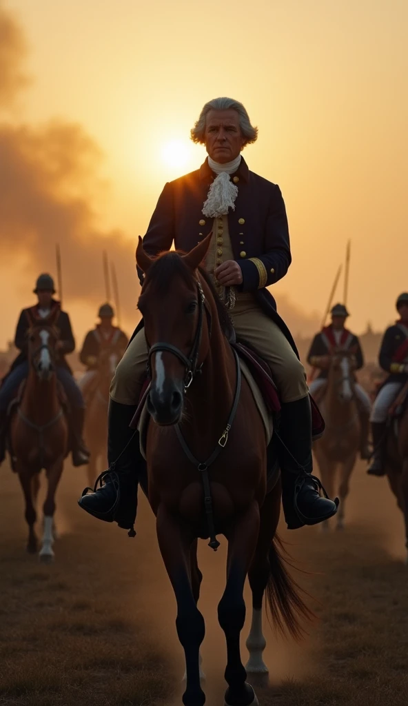 A historical portrait of George Washington, dressed in 18th-century military uniform, with a composed and dignified expression. Classic lighting highlights his face and uniform.
