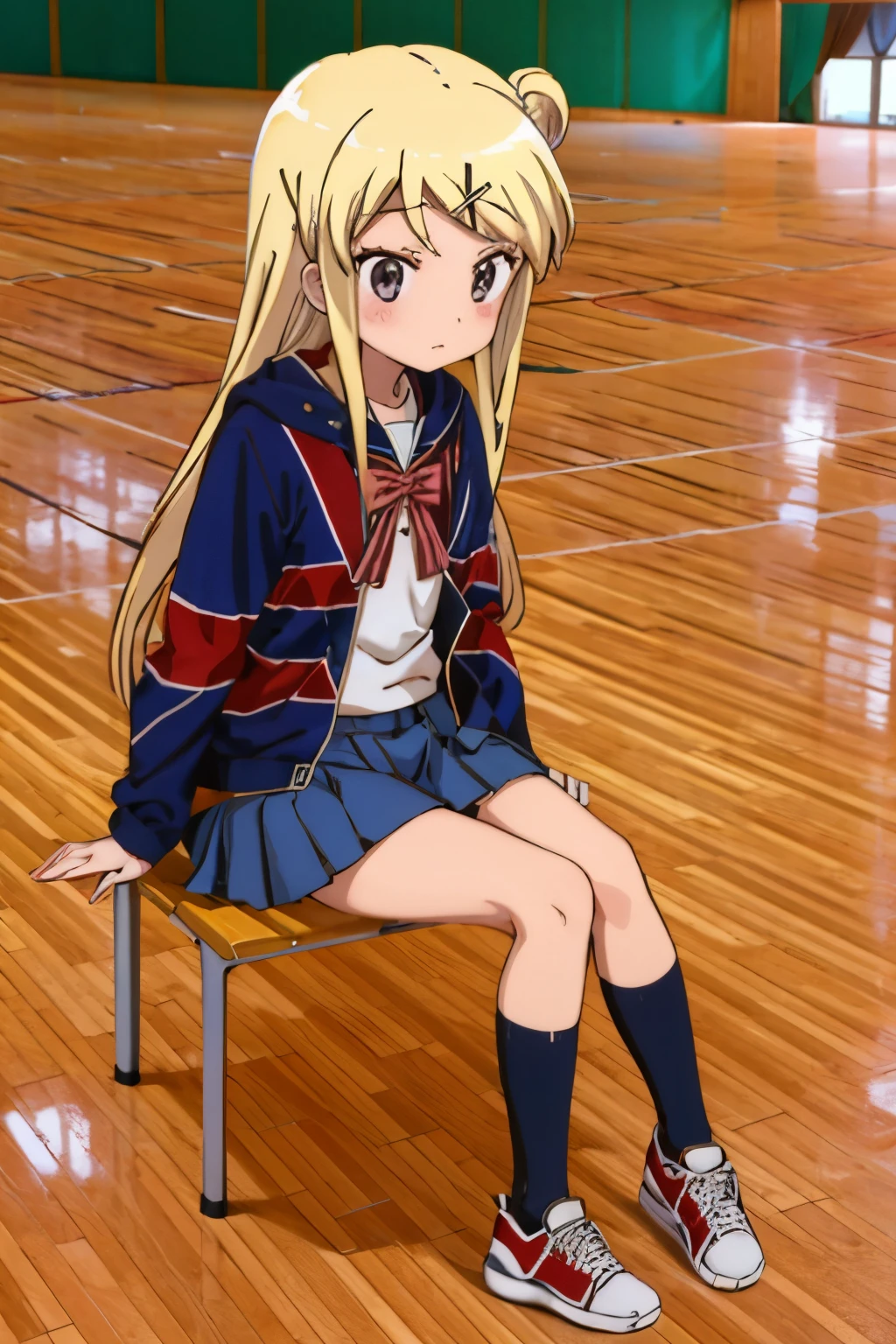 KUJO KAREN UNION JACK JACKET, a girl in a sailor suit who is unwell sitting on the floor of the gymnasium is watching the class, STRIPED BOW, WHITE SHIRT, LONG SLEEVES, PLEATED SKIRT, BLUE SKIRT, KNEEHIGHS, SNEAKERS