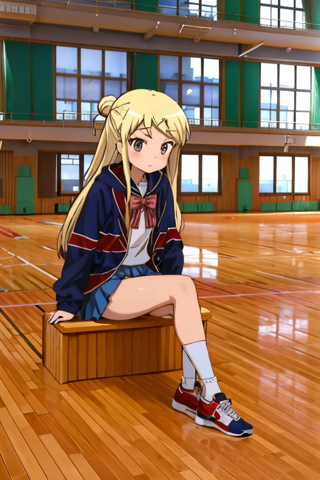 KUJO KAREN UNION JACK JACKET, a girl in a sailor suit who is unwell sitting on the floor of the gymnasium is watching the class, STRIPED BOW, WHITE SHIRT, LONG SLEEVES, PLEATED SKIRT, BLUE SKIRT, KNEEHIGHS, SNEAKERS