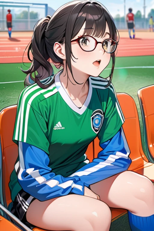 Nerdy girl and popular athlete on the stands of a school soccer field, hyper-detailed