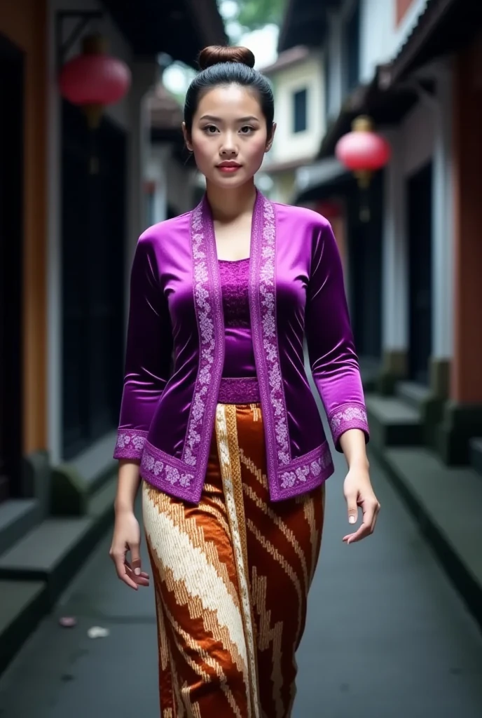 a beautiful Javanese young woman wearing a traditional kebaya outfit. detailed her face with flawless makeup. Her hair is styled neatly in a traditional Javanese hair bun style. The kebaya features intricate glossy purple velvet with embroidery on the bodice and edges paired, with a tight batik skirt. She is gracefully walks in a outdoor setting street alley city night atmosphere. The overall mood is graceful and culturally authentic, emphasizing the richness of Javanese tradition