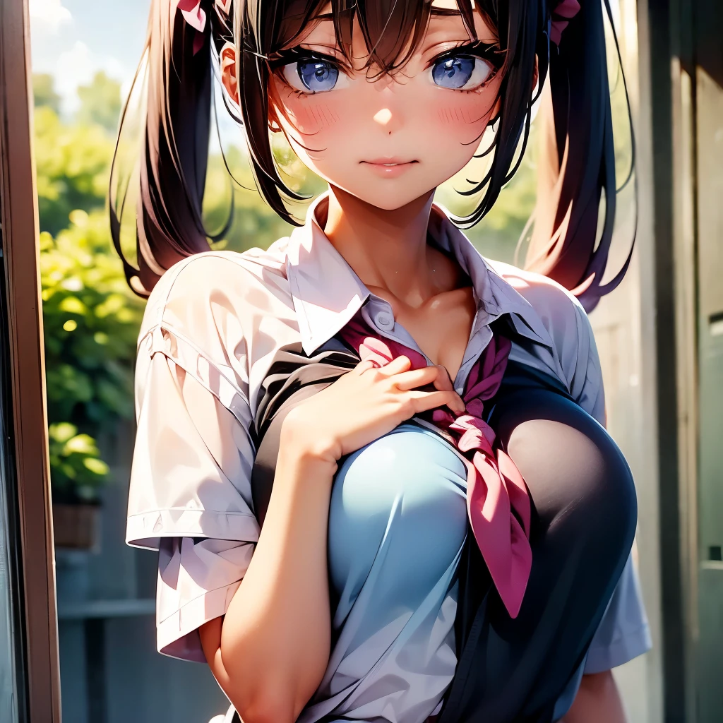 nsfw, (masterpiece, ultra-detailed, 8K), (school shirts), pleated skirt, shiny blond hair, school ground, cleavage, small breast, blush, ponytail, blue hair, long hair, best quality