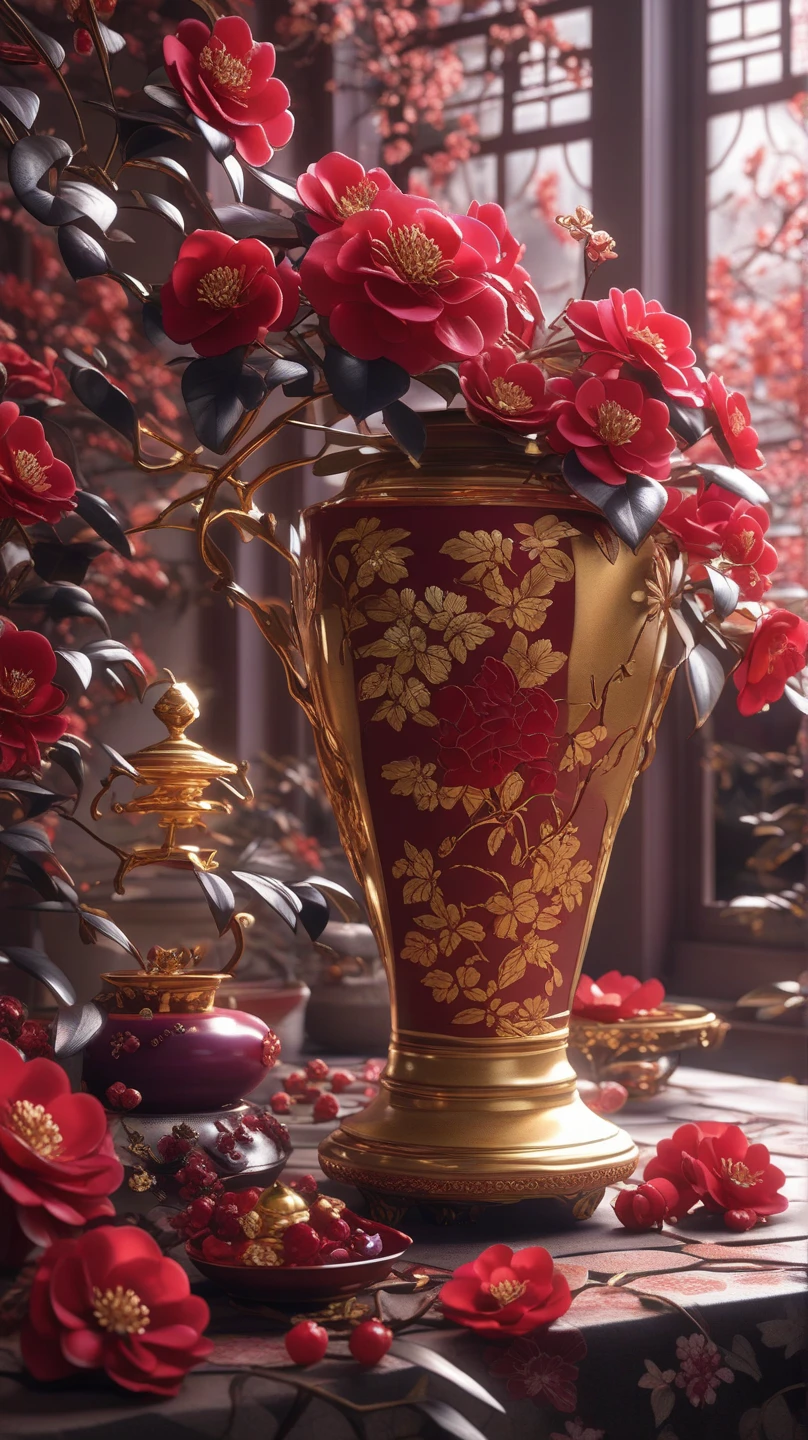 Black and silver Japanese pottery   , beautiful yellow camellias and purple berries are very long, narrow vase , soul,  fairy tale, soul、soul,   colorful  ,  Japanese garden 、  cinematic monotone lighting  , 8k, Bage design  、  High Quality  、   waving his greatest masterpieces 