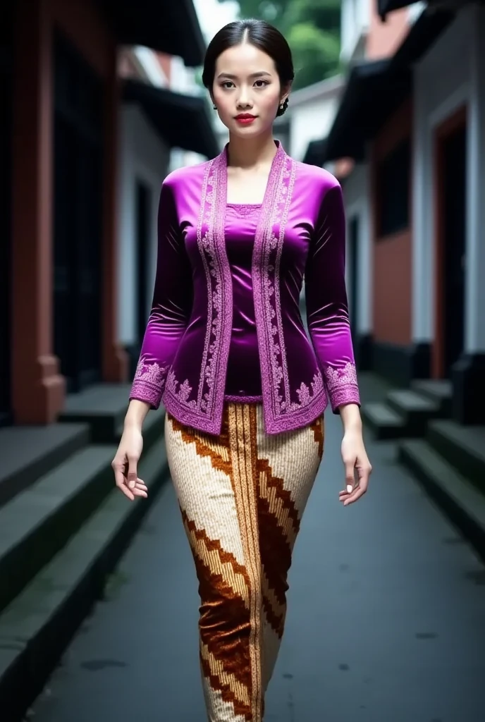 a beautiful Javanese young woman wearing a traditional kebaya outfit. detailed her face with flawless makeup. Her hair is styled neatly in a traditional Javanese hair bun style. The kebaya features intricate glossy purple velvet with embroidery on the bodice and edges paired, with a tight batik skirt. She is gracefully walks in a outdoor setting street alley city night atmosphere. The overall mood is graceful and culturally authentic, emphasizing the richness of Javanese tradition