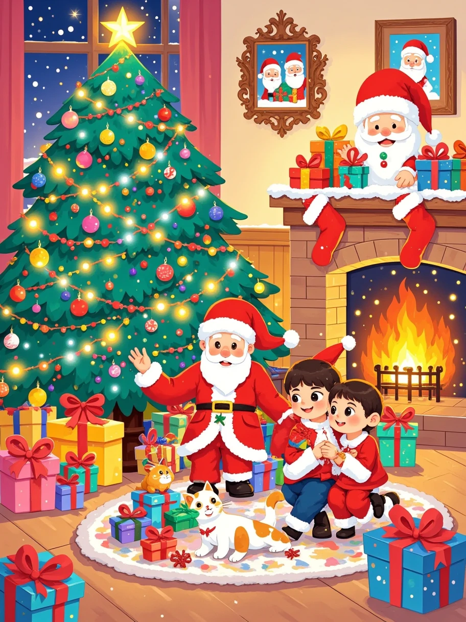 Made in vector illustration style ， bright colors ,  Magical Ambience ,  Whimsical ,  Sparkling ，Fantasy Christmas world，The Christmas mall is full of festive atmosphere，The huge Christmas tree is hung with lights、Colored Balls、Charms，Piles of gifts placed under the tree。 1 A young couple and their  enjoy the Christmas decorations in the mall ， surrounded by performers dressed in Santa Claus costumes and a Santa statue。Beautiful Christmas music comes from the mall，Everyone had a happy smile on their faces 。 The Christmas mall is like a fairytale world ， full of magic and warmth 。Vector illustration painting，(Very detailed，Well-designed ，Clear lines， High Definition ，masterpiece， Official Art ， cinematic lighting effects，8k,  Ultra High Saturation ，Super high natural saturation），  flat anime style , Minimalist ,  flat vector art ,  flat illustration ,  cute