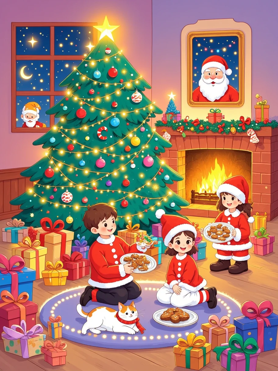 Made in vector illustration style ， bright colors ,  Magical Ambience ,  Whimsical ,  Sparkling ，Fantasy Christmas world，The Christmas mall is full of festive atmosphere，The huge Christmas tree is hung with lights、Colored Balls、Charms，Piles of gifts placed under the tree。 1 A young couple and their  enjoy the Christmas decorations in the mall ， surrounded by performers dressed in Santa Claus costumes and a Santa statue。Beautiful Christmas music comes from the mall，Everyone had a happy smile on their faces 。 The Christmas mall is like a fairytale world ， full of magic and warmth 。Vector illustration painting，(Very detailed，Well-designed ，Clear lines， High Definition ，masterpiece， Official Art ， cinematic lighting effects，8k,  Ultra High Saturation ，Super high natural saturation），  flat anime style , Minimalist ,  flat vector art ,  flat illustration ,  cute