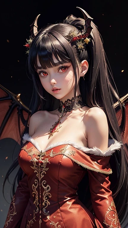 (masterpiece), (best quality), (detailed), light layer, lustrous skin, (intricate detailed , santa dress clothes, , demon wings,hair ornament :1.2), black hair, black choker, long hair, hime cut, woman, blunt bangs, sidelocks, red eyes, (mature female:1.1), side-ponytails  (christmas background:1.1), 