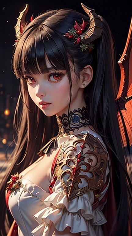 (masterpiece), (best quality), (detailed), light layer, lustrous skin, (intricate detailed , santa dress clothes, , demon wings,hair ornament :1.2), black hair, black choker, long hair, hime cut, woman, blunt bangs, sidelocks, red eyes, (mature female:1.1), side-ponytails  (christmas background:1.1), 