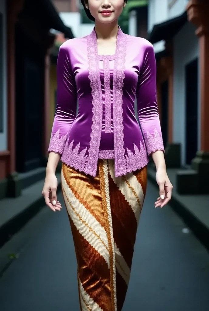 a beautiful Javanese young woman wearing a traditional kebaya outfit. detailed her face with flawless makeup. Her hair is styled neatly in a traditional Javanese hair bun style. The kebaya features intricate glossy purple velvet with embroidery on the bodice and edges paired, with a tight batik skirt. She is gracefully walks in a outdoor setting street alley city night atmosphere. The overall mood is graceful and culturally authentic, emphasizing the richness of Javanese tradition