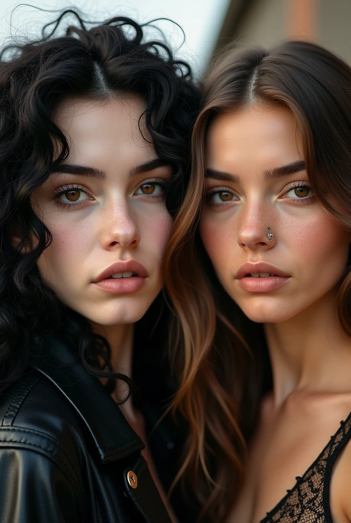 Create a deeply realistic upper body portrait of a woman, ((2heads)), conjoined dicephalus,embracing imperfections in her skin and hair. Zoom in to showcase intricate details. Capture the complexity of her eyes with well-defined irises, conveying depth and emotion. Depict a natural, imperfect texture in her hair, emphasizing flyaways and individual strands. They are wearing shirt, which is keeping them close. They are side-eyeing each other, facing away from each other.Pay careful attention to the interplay of light and shadow, adding a three-dimensional quality to the portrait. This upper body composition should evoke a sense of genuine beauty in imperfection, striking a balance between realism and artistry,25 years old