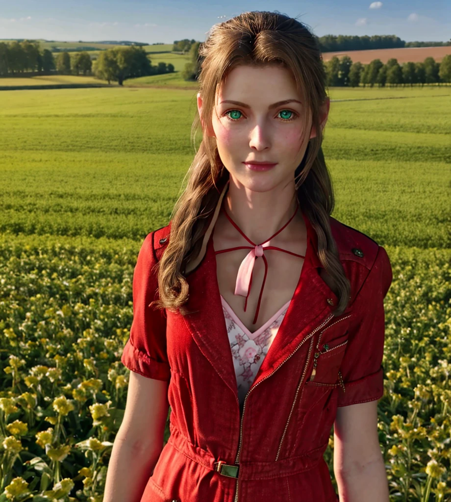 masterpiece, top quality, high definition , 1 girl,Alone,  with a red bow , green eyes, hair ornament,I'm wearing a red jacket over a pink summer long dress, Cowboy Shot ,looking at viewer,farm, outdoor,