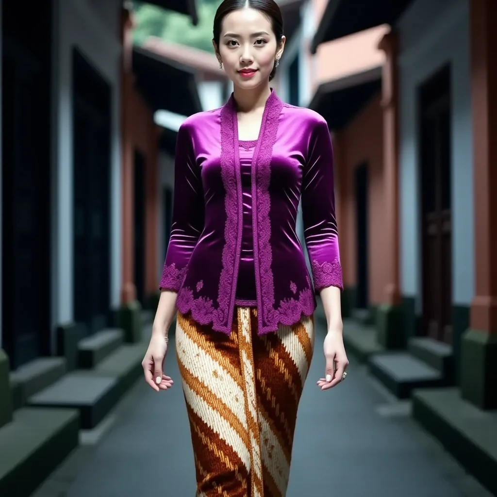 a beautiful Javanese young woman wearing a traditional kebaya outfit. detailed her face with flawless makeup. Her hair is styled neatly in a traditional Javanese hair bun style. The kebaya features intricate glossy purple velvet with embroidery on the bodice and edges paired, with a tight batik skirt. She is gracefully walks in a outdoor setting street alley city night atmosphere. The overall mood is graceful and culturally authentic, emphasizing the richness of Javanese tradition