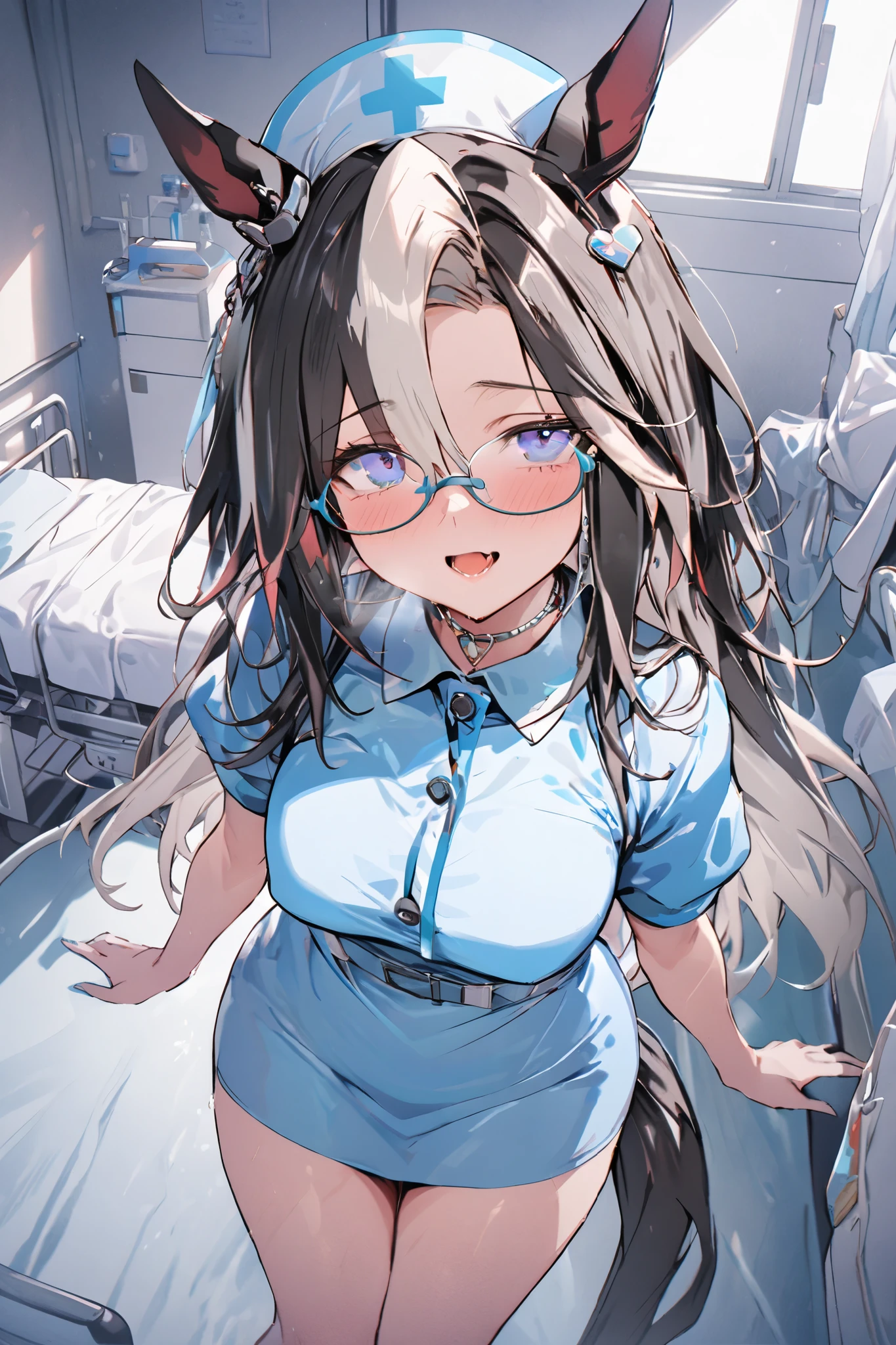 NSFW,masterpiece, top quality, high definition , very detailed,Dream Journey,Dream Journey\(Horse Girl\),Glasses,Two-tone hair,nurse,Nurse uniform, miniskirt,hospital,Hospital room