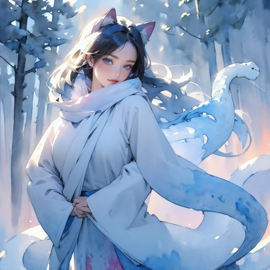 ((masterpiece:1.2)), (( top quality:1.2)), One priestess woman ((Cat ears, Priestess Outfit ,  flowing black hair , (Azure Eyes :1.2), [Cat ears:1.4])), ( full body, whole body:1.3), (Behind her, a mysterious and beautiful white snake gently protects her:1.3), (巫女はsnowの積もった日本のshrineで手を合わせて拝んでいる:1.3), background\(snow, shrine, forest:1.3),  Her reflection blends into the nature around her, Dizziness,( natural light:1.3), (Double exposure), (Watercolor), (Soft layer, Wide range of colors), (deep,  gentle colors ), (Perfect Anatomy ), (gentle eyes and face ),  quiet atmosphere ,  fantasy, (Perfect Anatomy ), (Watercolor of a girl:1.5),  Impressive Clarity , soft glow,  An atmosphere that makes you feel happy and kind , Beautiful depiction of spectacular composition and proportions , powdered snow, snow,  dreamy cute vibe ,  mysterious in another dimension,  bright color, Sparkling,  lens perspective, (Gentle lighting),  An atmosphere that makes you feel happy and kind,  Beautiful depiction of spectacular composition and proportions 