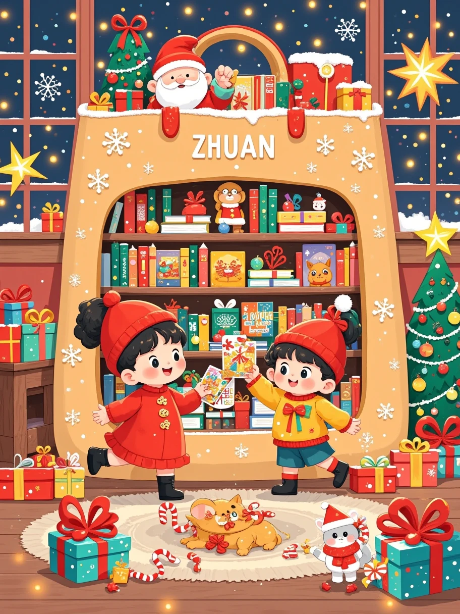 Imagine this digital illustration depicting a warm and charming scene, cleverly integrating a comfortable bookstore into a huge shopping bag. This shopping bag is covered with snowflakes. The interior of the shopping bag is a shopping space displaying various books, from children's picture books to novels and magazines.
﻿
This painting features traditional elements of the Spring Festival, such as dazzling fireworks, small gift boxes, holiday firecrackers, and warm lanterns, creating a strong festive atmosphere. The shopping bag is engraved with elegant white font "ZHUAN".
﻿
A mother and child stood in front of a shopping bag picking out books.
﻿
The background design is more concise and clean, highlighting the bookstore and characters in the foreground.