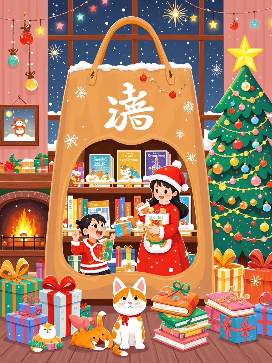 Imagine this digital illustration depicting a warm and charming scene, cleverly integrating a comfortable bookstore into a huge shopping bag. This shopping bag is covered with snowflakes. The interior of the shopping bag is a shopping space displaying various books, from children's picture books to novels and magazines.
﻿
This painting features traditional elements of the Spring Festival, such as dazzling fireworks, small gift boxes, holiday firecrackers, and warm lanterns, creating a strong festive atmosphere. The shopping bag is engraved with elegant white font "ZHUAN".
﻿
A mother and child stood in front of a shopping bag picking out books.
﻿
The background design is more concise and clean, highlighting the bookstore and characters in the foreground.