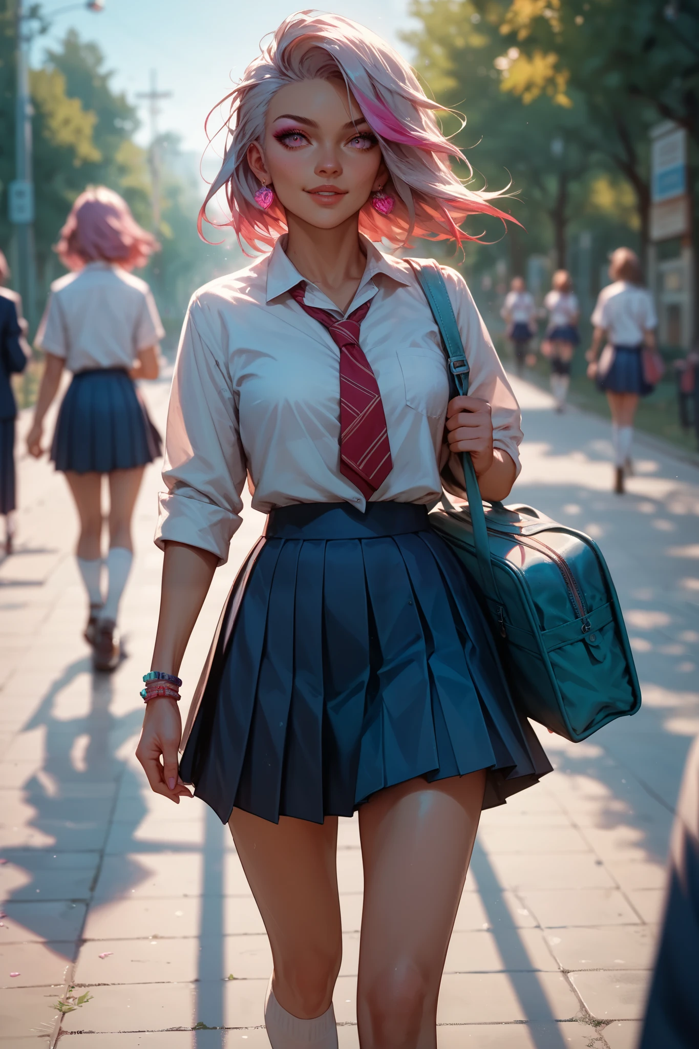 Fayela, School uniform, teenager, half body, walking with friends, school walk, rural area, dynamic angle, vibrant, blurry background, pov, long-shot