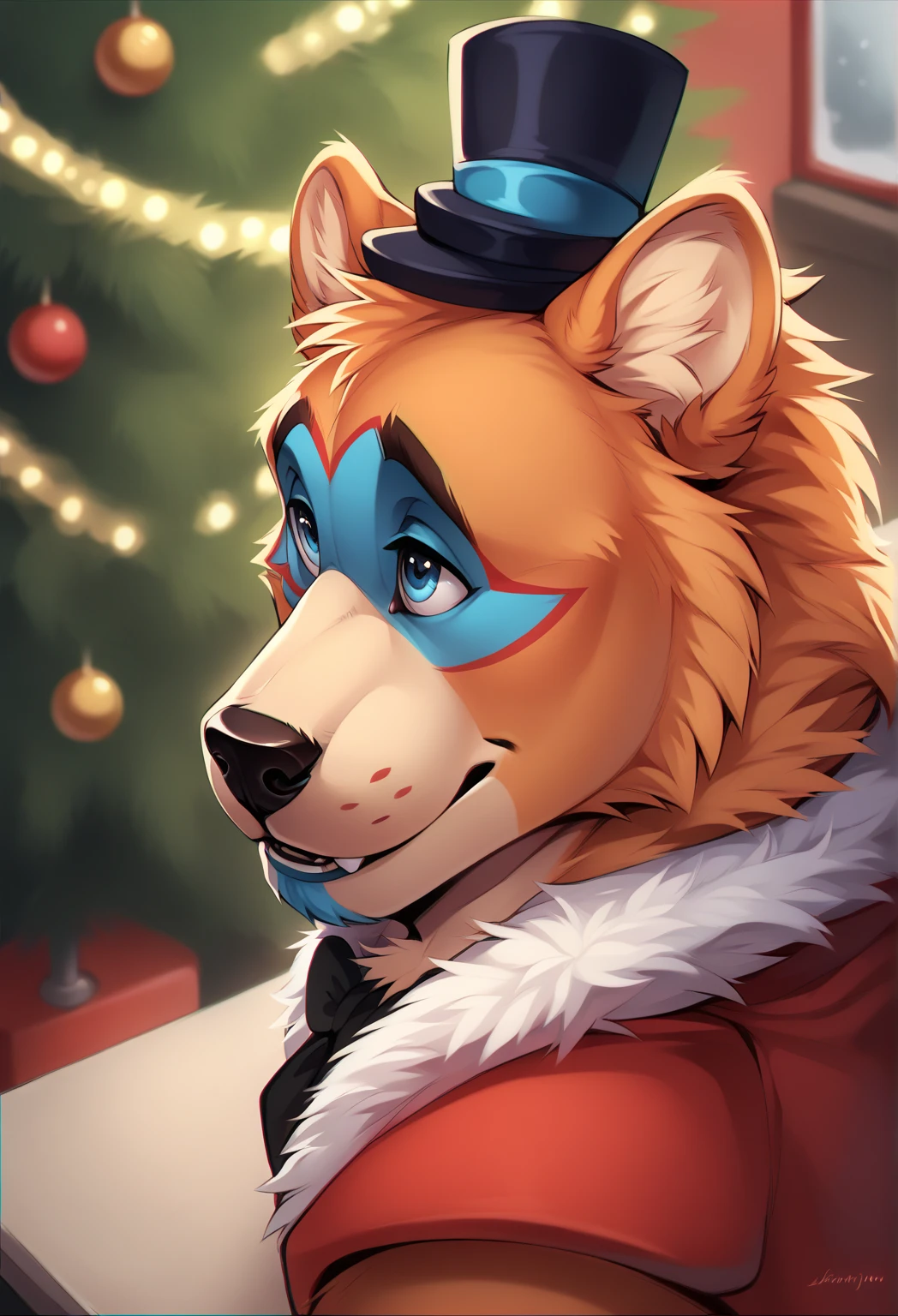  score_9,  score_8_above,  score_7_above, (glamrockfreddy),  hairy, very,  orange fur, male,  chromatic aberration , elegant, close-above,  Headshot, drilling,  top hat, pizzeria, bright background, Blue eyes,  detailed eyes , right eyes,  Masterpiece,  incredible quality ,  Best Quality , 8k sitting looking at Christmas tree Christmas background 