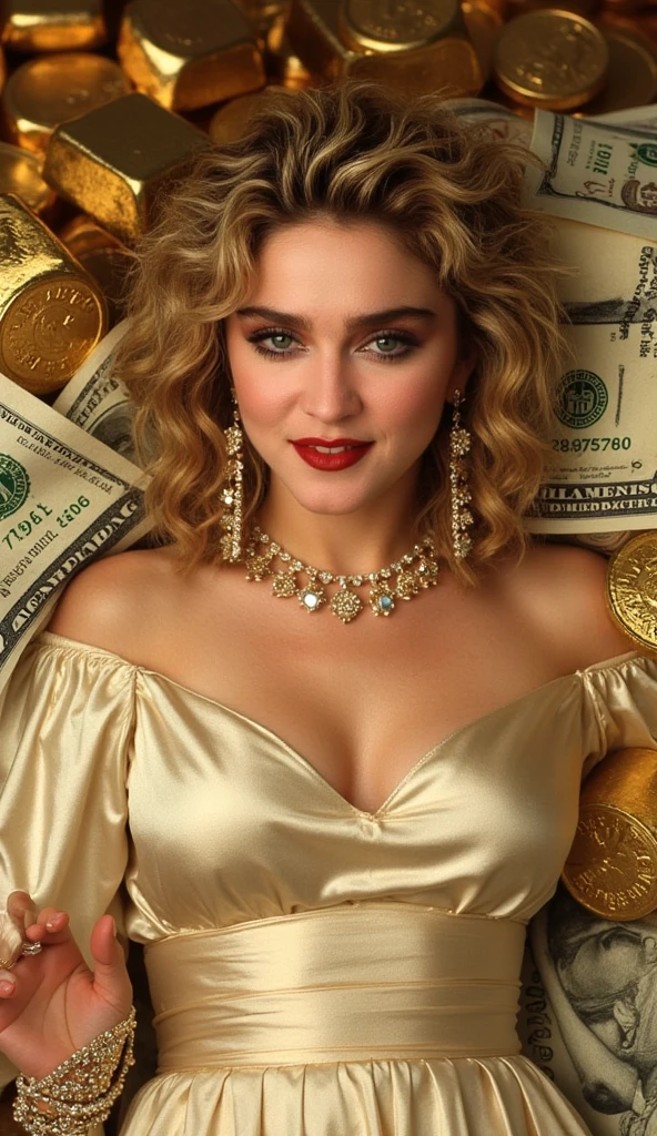 (realistic, photo-realistic:1.4), ((Madonna)) ((Madonna in 1980s style)) Madonna Pop Star (masterpiece, best quality), very modest fully clothed, confident, high resolution, intricate details, extremely detailed, ((long elegant dress)), dress covered all her body, European beauty (cool elegance), ((Young Goddess)), detailed face, expressive eyes, sophisticated features, pale skin, looking gently at the camera, ((warm smile)), (wearing exquisite gold accessories, including a wristwatch, bracelet, ring, necklace, earrings, all designed with intricate patterns), ((surrounded by a cascade of dollar bills, gold bars, and shimmering gold coins)), (Golden World), (soft golden light reflecting around her), she is gracefully reclining amidst the wealth, embodying elegance and sophistication.