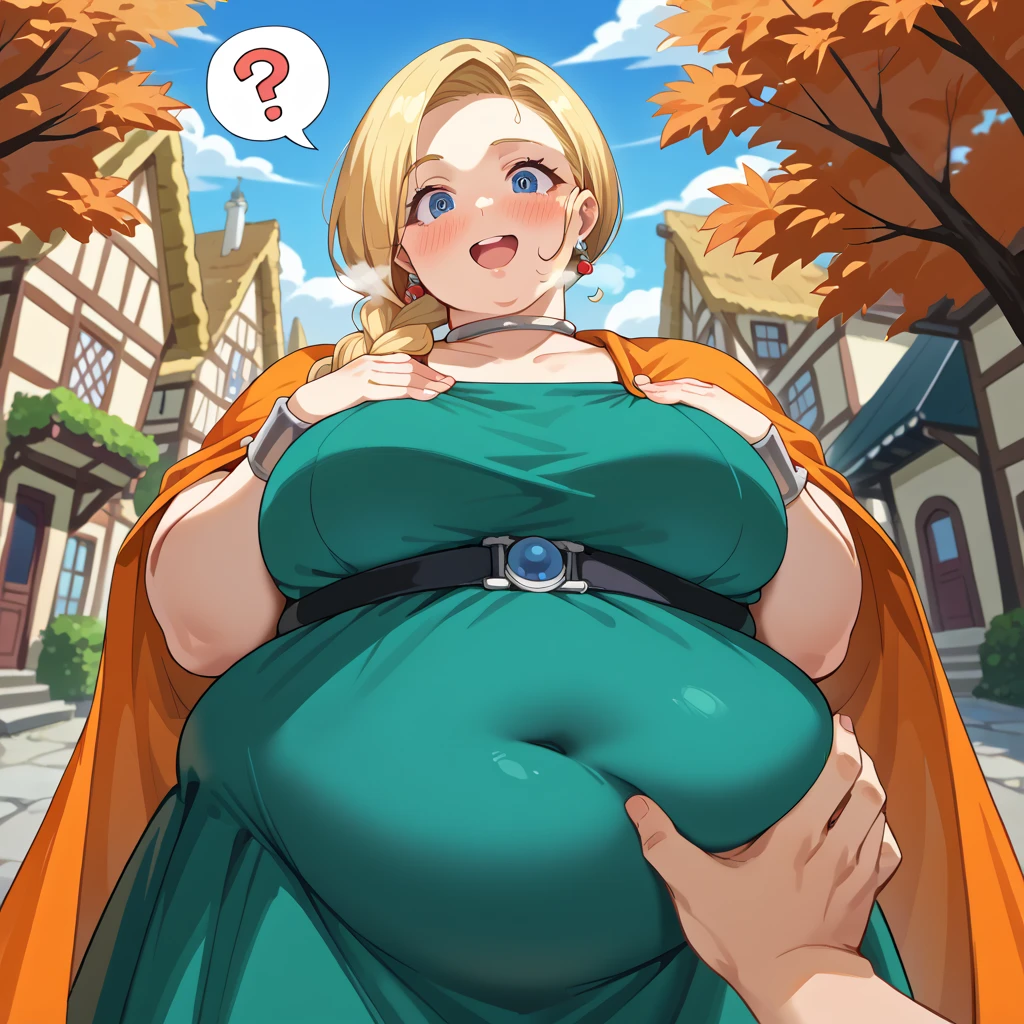 score_9, score_8_up, score_7_up, source_anime BREAK 1girl, solo,  dqBianca, single braid, hair over shoulder, earrings, choker, orange cape, green dress, belt, (large breasts:0.9), happy, looking at viewer, village, autumn, waist up, hand on own chest bulging belly, fat, chubby, obese, open mouth, out of breath, absurdres, highres icon, rating:General, confused, blush, spoken question mark, {flustered}, nervous sweating, portrait, pov hands, hand on another's belly, averting eyes, [looking away], straight-on, from below, swollen face, masterpiece, best quality, ultra-detailed, high resolution, 8K, absurdres, highres icon,