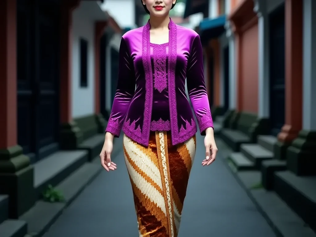 a beautiful Javanese young woman wearing a traditional kebaya outfit. detailed her face with flawless makeup. Her hair is styled neatly in a traditional Javanese hair bun style. The kebaya features intricate glossy purple velvet with embroidery on the bodice and edges paired, with a tight batik skirt. She is gracefully walks in a outdoor setting street alley city night atmosphere. The overall mood is graceful and culturally authentic, emphasizing the richness of Javanese tradition