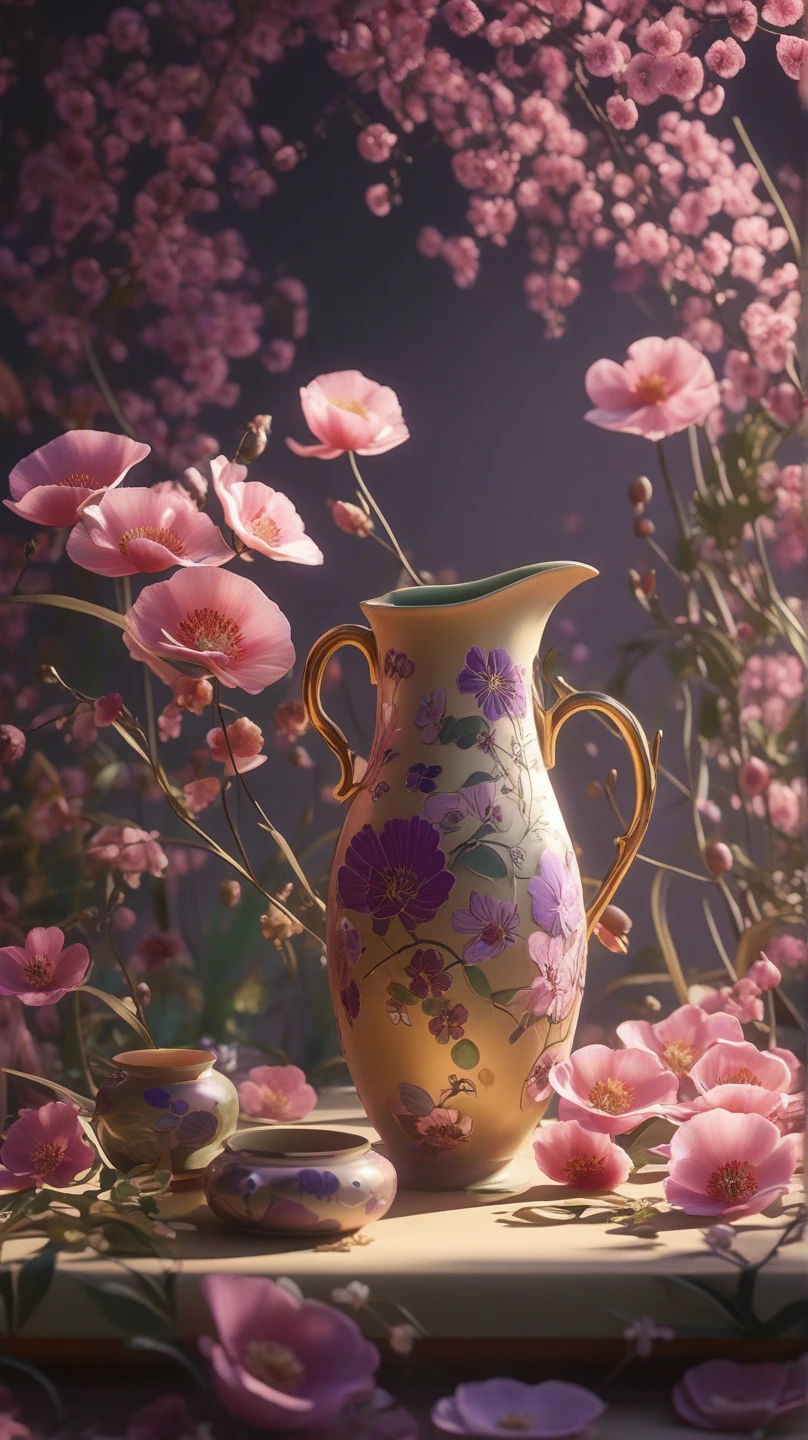 Black and silver Japanese pottery   , beautiful yellow camellias and purple berries are very long, narrow vase , soul,  fairy tale, soul、soul,   colorful  ,  Japanese garden 、  cinematic monotone lighting  , 8k, Bage design  、  High Quality  、   waving his greatest masterpieces 