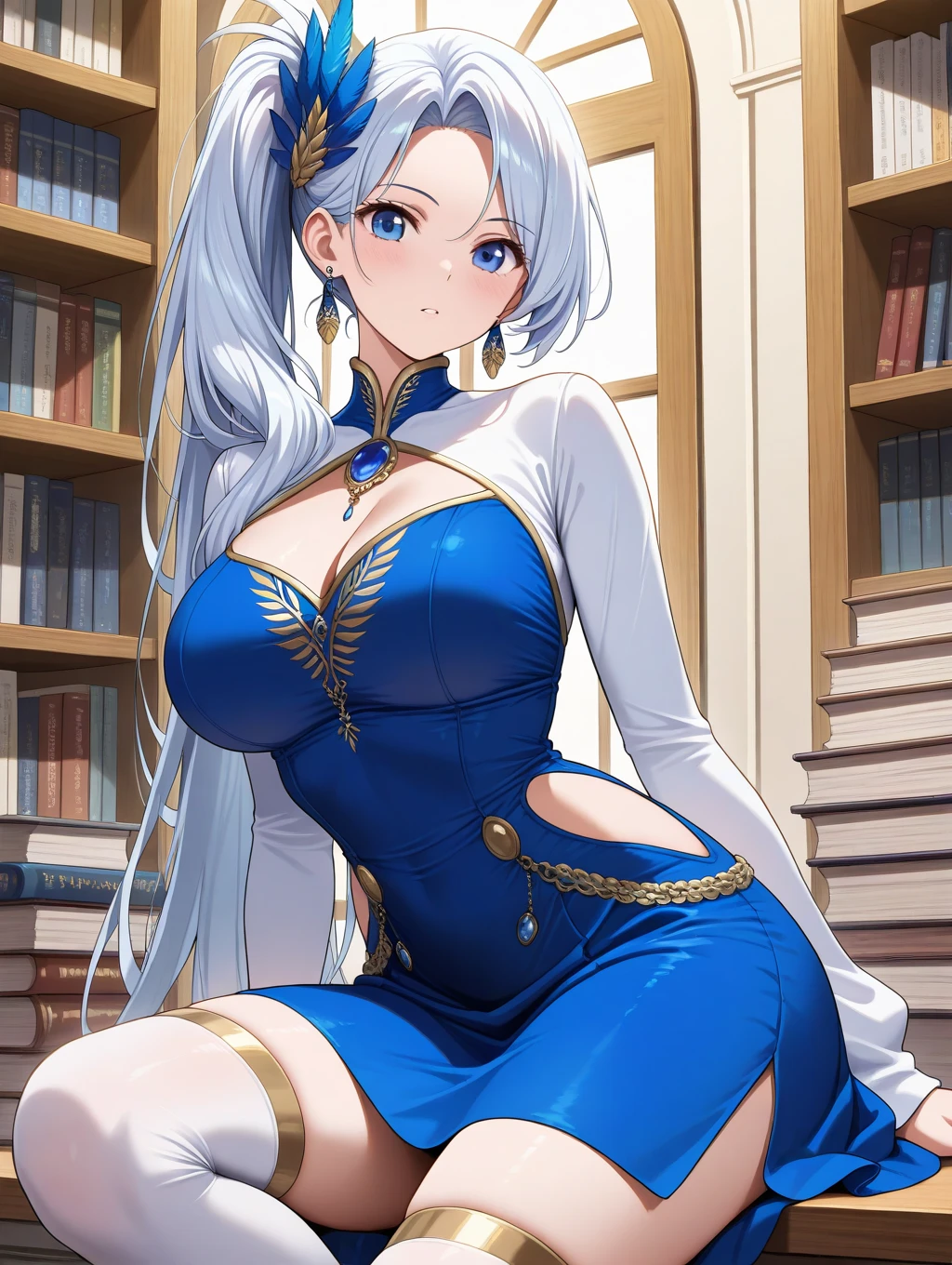 Read the description,  Pavolia Queen , Pure Base ,  bright students ,  long hair,  side ponytail , Feather ornament,  blue dress,  naval cutout ,  sleeves are detachable,  earrings,  white knee-highs,masterpiece, top quality, great quality,  very aesthetic , absurd,up to date,