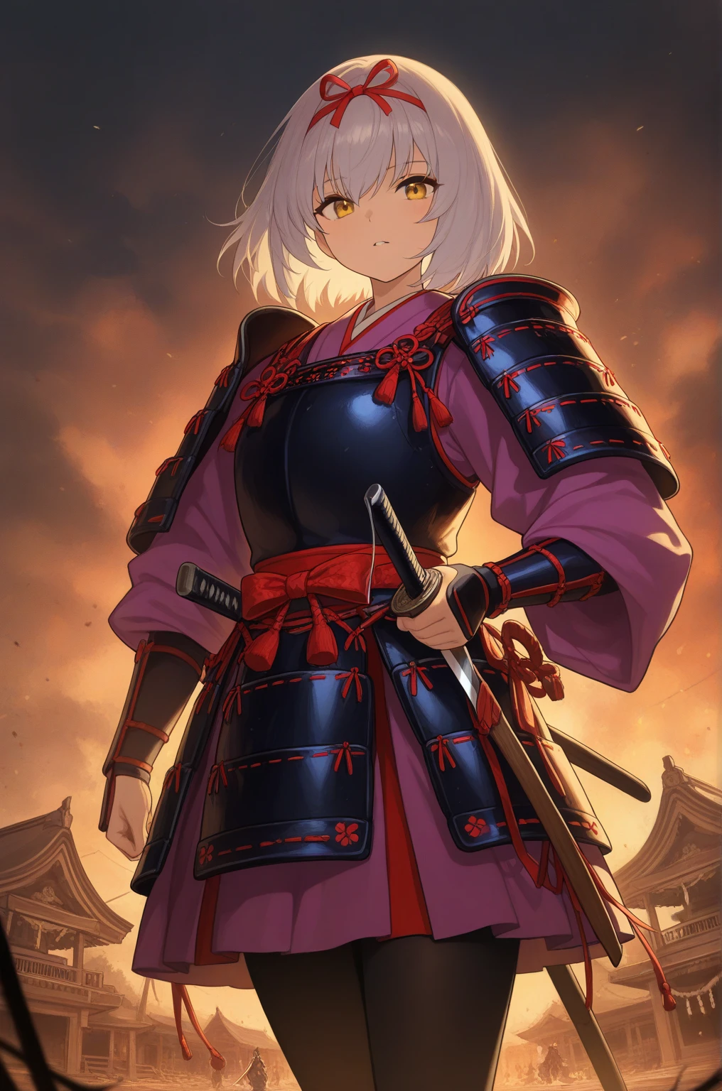  top quality,  Masterpiece,  highest resolution， (Traditional Japanese Samurai Armor), （battlefield_background）， ship this_Kaga，Shrine maiden costume_woman，4K, Alone， Japanese Knife ，(whole body)， anime style ，（ Nobunaga's Ambition with a tin cane illustration style），  hyper-detail , ( intricate details ),