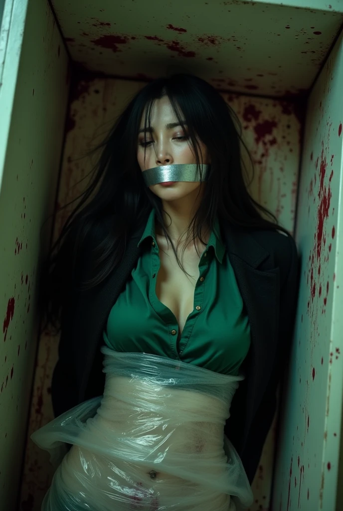 2 men dressed in white semi translucent raincoats with hoods up and black surgical masks, stand either side, holding knives and slicing the body of a Korean girl who is laying back and propping herself up with her elbows. she has very big saggy breasts:1.4, surgical mask), blood splatter, holding knife, stabbing, black gloves, room full of blood, transparent raincoat, hood up, short hair, night, mass murderer, robbery, in the hotel, unzipped, big breasted women in the background cowering
