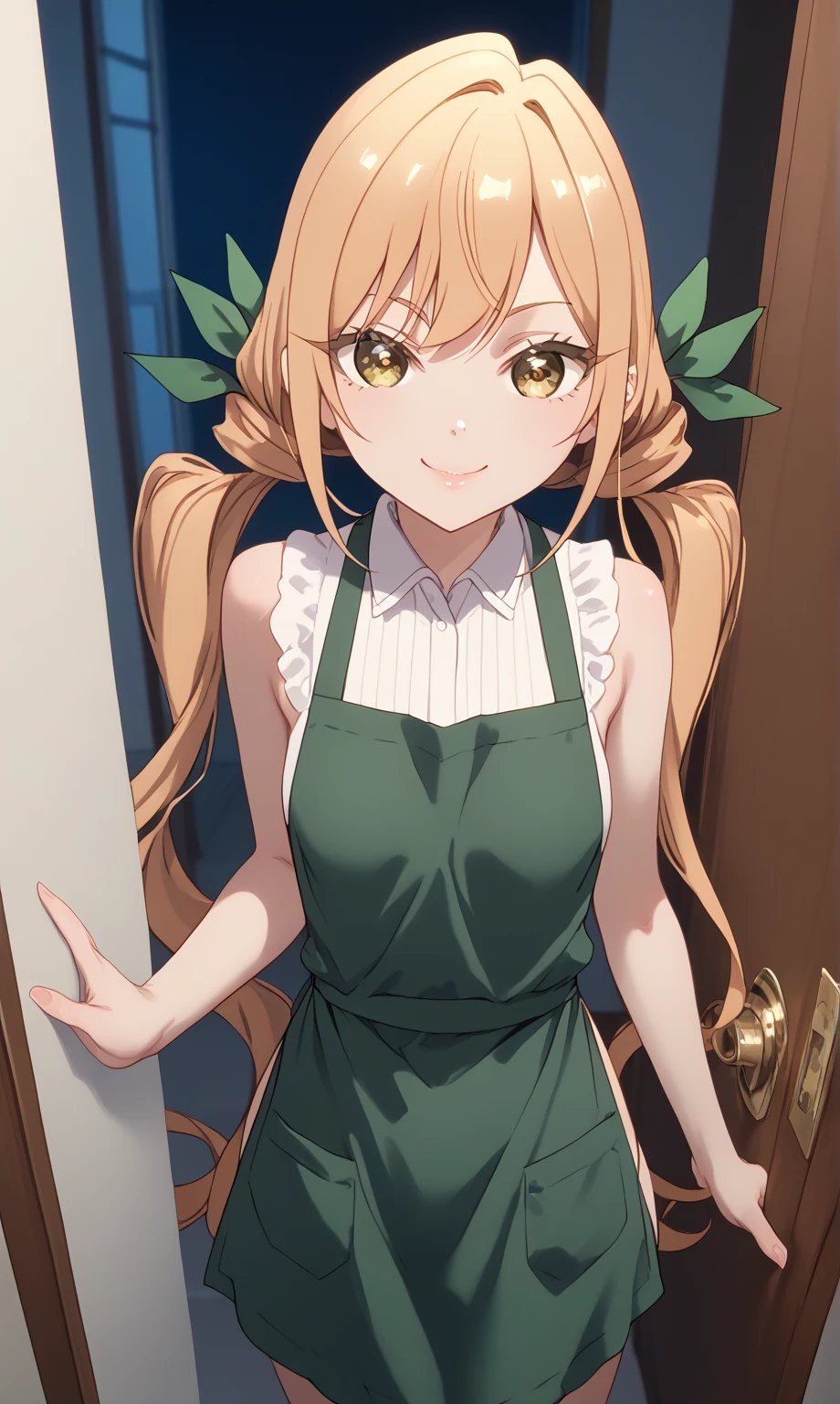 source_anime, karaneinda, karane inda, blonde hair, yellow eyes, hair ribbon, twintails, low twintails, long hair, green ribbon, small breasts, skinny, petite body,              doorway, greeting, contemporary apartment, apron, pov, smile, sleeveless, petite, happy