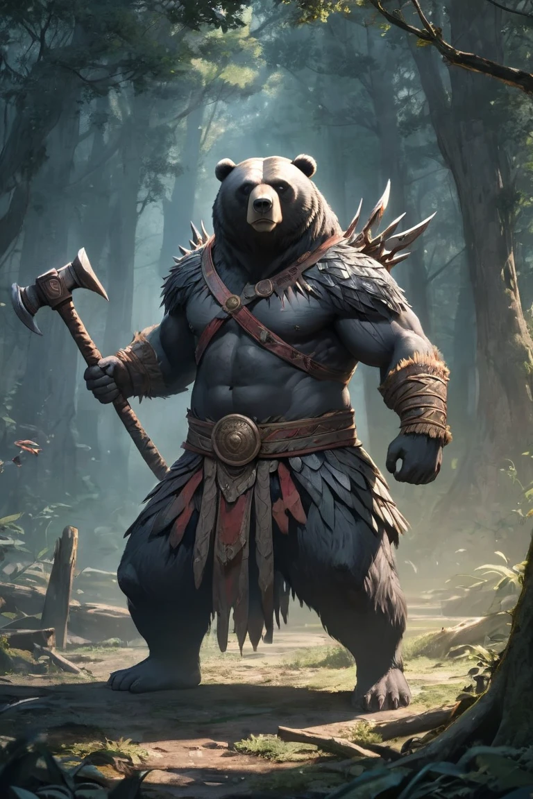 anime, concept art, cinematic shot,best quality, masterpiece,(masterpiece, best quality, ultra detailed, best shadow), (detailed background, dark fantasy forest), (detailed bear head and human body), best quality, cinematic lighting, darkness, group character, warrior jakal, magic, jakal face best quality, battle stance, focused, holding a weapon, male, magic shiny Brown armor, black belt, strong, warrior stance, jakal body and scars, jakal head, jakal body hair sword, magical background, ready for battle, muscular, skinny, black eyes, short tail, standing, ancient warrior, canine features, lots of body hair and scars, large hands, by Tim Burton Films. in combat to the death. (Medieval wood hammer black), black beer.