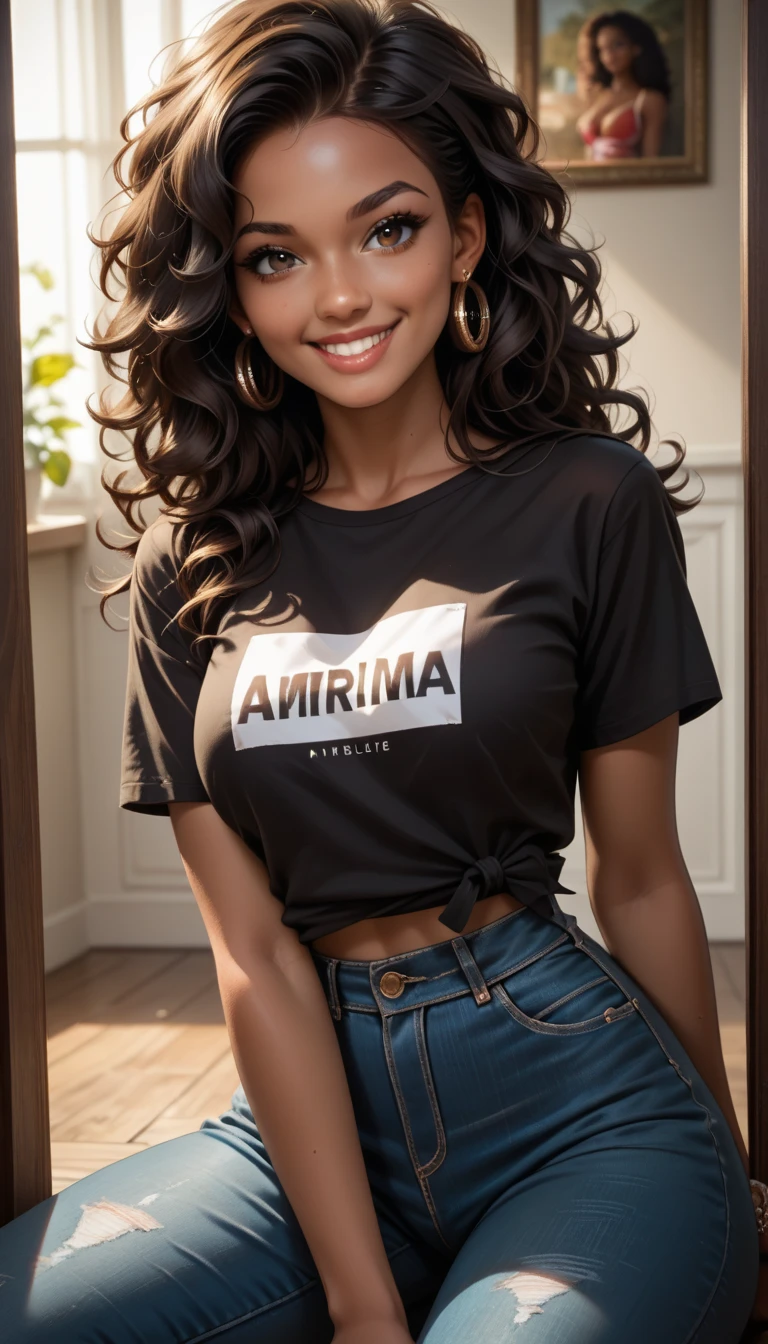  Selfie of a beautiful African-American woman smiling ,  her eyes are light brown and her long, curly black hair . The skin as dark as chocolate , the perfect hands . She wears a plain black shirt and very short shorts and jeans ,  is sitting on the floor with her back against the wall looking at the spectator ,     thick thighs  ,Its anatomy is perfect, Photogenic,  high definition  ,  dramatic lighting ,     high definition     , detailed Alta qualidade,   masterpiece  ,detailed.
