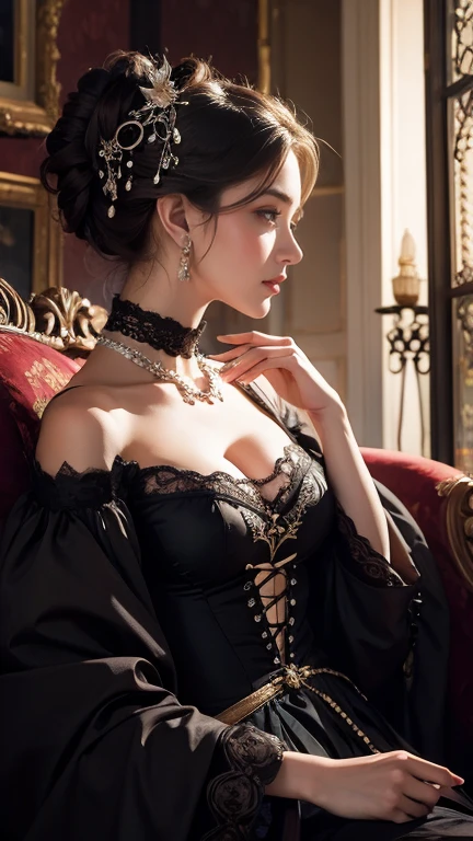1girl, black short hair, smiling, trying on red high heels, highly detailed, photorealistic, 8k, masterpiece, intricate details, dynamic pose, warm lighting, soft shadows, fashionable, elegant, beautiful face, striking eyes, defined nose and lips, radiant skin, beautiful dress, ornate jewelry, complex background, lush environment, natural lighting, vibrant colors, cinematic composition