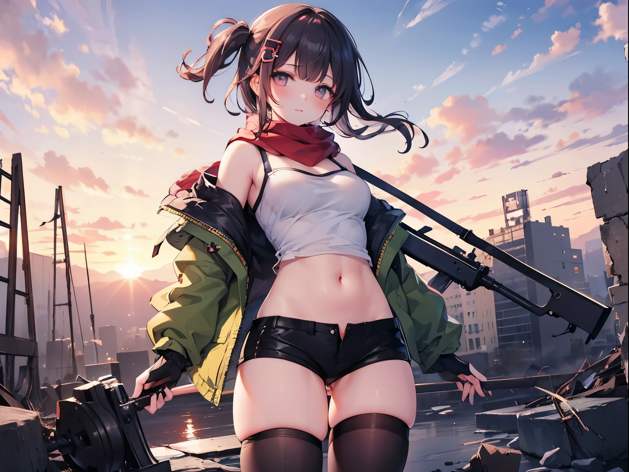 (long shot, looking away, shift character off center, draw the face precisely, cinematic perspective), (((Z stands for the weapon in this prompt))), (((X stands for the her crotch in this prompt))), (A female soldier) ((wearing camouflage combat uniform)), ((carrying a camouflage backpack)), ((for masturbation, )), hiding a trench, bullets fly, pinching her nipple over clothes, her pants are lowered to reveal a little underwear, she thrusts her X forward, Z must be touching X, she uses Z to push X, open her legs, straddling on the Z, Z to X, The presence of pubic hair in the crotch, Extensive pubic hair, Pubic hair sticks out of panties, All connected pubic hair, (panties cover genitals, dripping love juice), in combat,