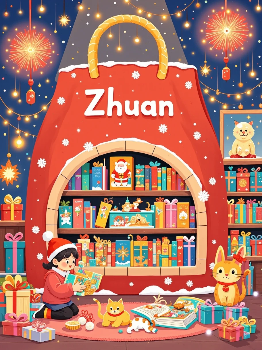 Imagine this digital illustration depicting a warm and charming scene, cleverly integrating a comfortable bookstore into a huge shopping bag. This shopping bag is covered with snowflakes. The interior of the shopping bag is a shopping space displaying various books, from children's picture books to novels and magazines.
﻿
This painting features traditional elements of the Spring Festival, such as dazzling fireworks, small gift boxes, holiday firecrackers, and warm lanterns, creating a strong festive atmosphere. The shopping bag is engraved with elegant white font "ZHUAN".
﻿
A mother and child stood in front of a shopping bag picking out books.
﻿
The background design is more concise and clean, highlighting the bookstore and characters in the foreground.