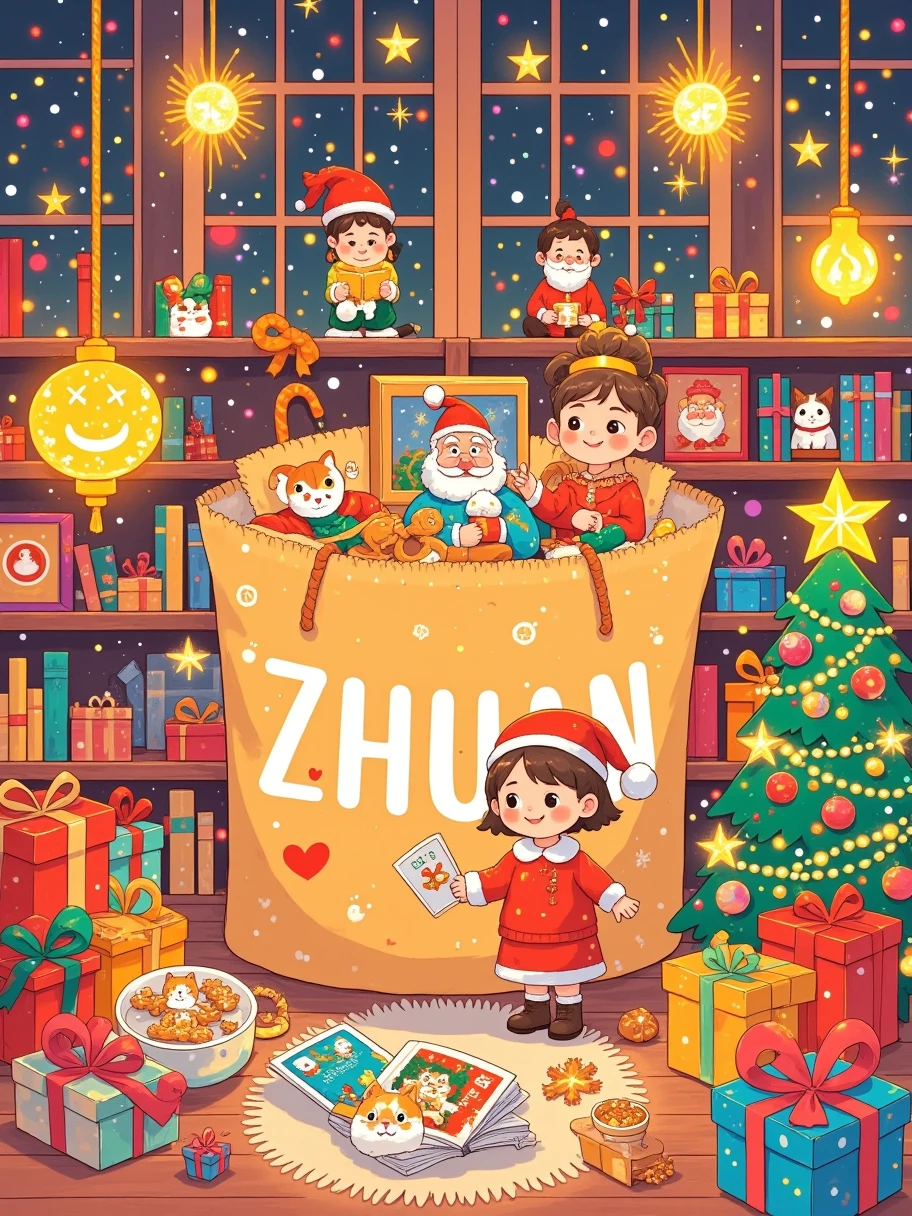 Imagine this digital illustration depicting a warm and charming scene, cleverly integrating a comfortable bookstore into a huge shopping bag. This shopping bag is covered with snowflakes. The interior of the shopping bag is a shopping space displaying various books, from children's picture books to novels and magazines.
﻿
This painting features traditional elements of the Spring Festival, such as dazzling fireworks, small gift boxes, holiday firecrackers, and warm lanterns, creating a strong festive atmosphere. The shopping bag is engraved with elegant white font "ZHUAN".
﻿
A mother and child stood in front of a shopping bag picking out books.
﻿
The background design is more concise and clean, highlighting the bookstore and characters in the foreground.