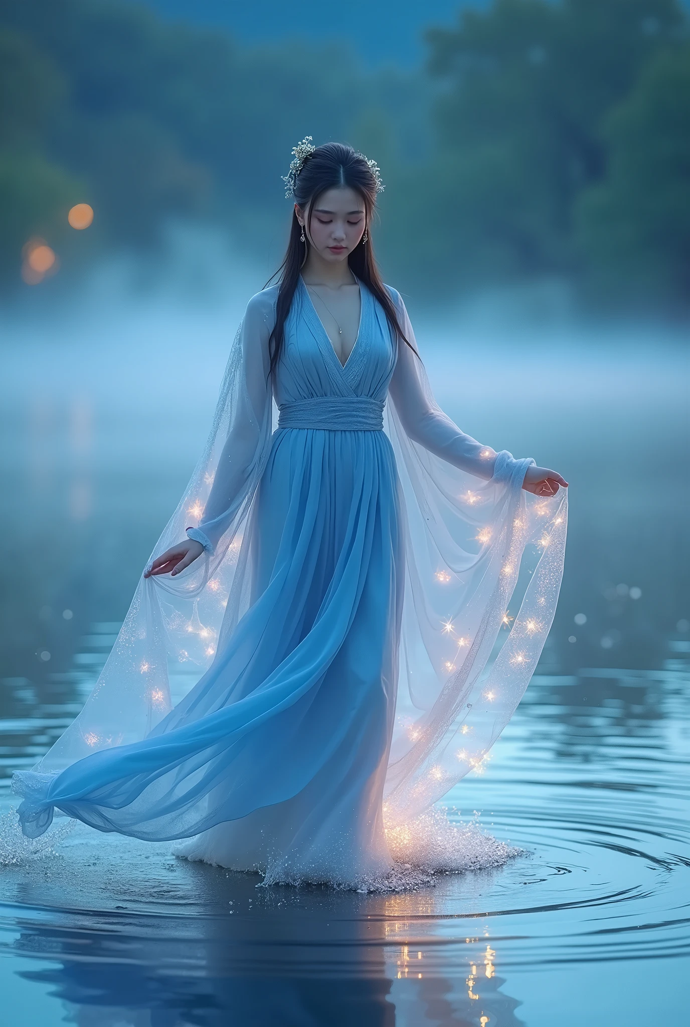 A goddess whose whole body is standing on the lake, Walking,  traditional Japanese goddess appearance ,  the most beautiful appearance of a goddess in the style of Alice Hirose ,  Beautiful style , Use Erika Ikuta's face as a model,  beautiful brown eyes,  beautiful pink lips, Clear facial depiction,  long, dark hair up,  hair ornament, earrings, necklace, Blue long dress, The feet of the goddess are undulating in waves,  facing the front, The entire surface of the lake is foggy,  mysterious light is emitting from the body, Fantastic ,  arms are moving quietly , Illuminated by the moon, colorful light is scattered, Moonlight reflects off the surface of the lake and illuminates the goddess,  fantasy,  professional lighting,  top quality,  high image quality,  high definition , 8k, 