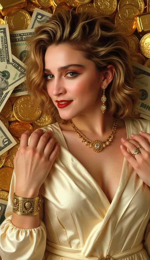 (realistic, photo-realistic:1.4), ((Madonna)) ((Madonna in 1980s style)) Madonna Pop Star (masterpiece, best quality), very modest fully clothed, confident, high resolution, intricate details, extremely detailed, ((long elegant dress)), dress covered all her body, European beauty (cool elegance), ((Young Goddess)), detailed face, expressive eyes, sophisticated features, pale skin, looking gently at the camera, ((warm smile)), (wearing exquisite gold accessories, including a wristwatch, bracelet, ring, necklace, earrings, all designed with intricate patterns), ((surrounded by a cascade of dollar bills, gold bars, and shimmering gold coins)), (Golden World), (soft golden light reflecting around her), she is gracefully reclining amidst the wealth, embodying elegance and sophistication.