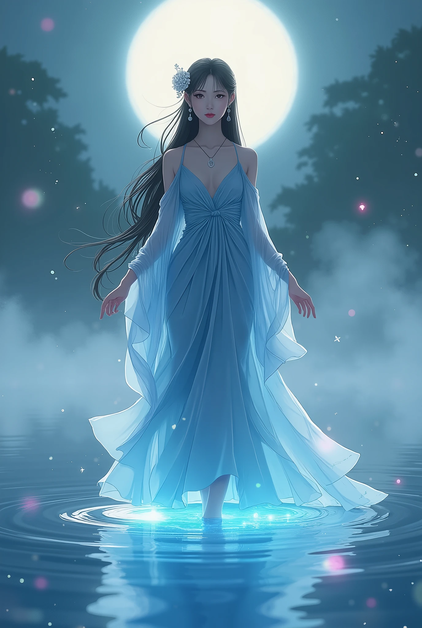 A goddess whose whole body is standing on the lake, Walking,  traditional Japanese goddess appearance ,  the most beautiful appearance of a goddess in the style of Alice Hirose ,  Beautiful style , Use Erika Ikuta's face as a model,  beautiful brown eyes,  beautiful pink lips, Clear facial depiction,  long, dark hair up,  hair ornament, earrings, necklace, Blue long dress, The feet of the goddess are undulating in waves,  facing the front, The entire surface of the lake is foggy,  mysterious light is emitting from the body, Fantastic ,  arms are moving quietly , Illuminated by the moon, colorful light is scattered, Moonlight reflects off the surface of the lake and illuminates the goddess,  fantasy,  professional lighting,  top quality,  high image quality,  high definition , 8k,  Animation Art ,  illustration art, 