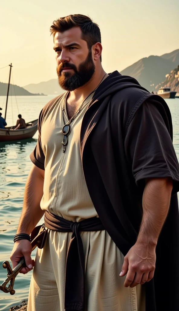 A robust-looking man with a strong personality, representing the apostle Peter. He wears a simple linen tunic, with a dark cloak draped over his shoulders. His hair is short and dark, with a thick, well-groomed beard. He holds a key in one hand, symbolizing his leadership role in the church. In the background, there is the Sea of ​​Galilee and a fishing boat, reflecting his profession before following Jesus. The soft light of the sunset illuminates his face, giving an air of faith and determination.