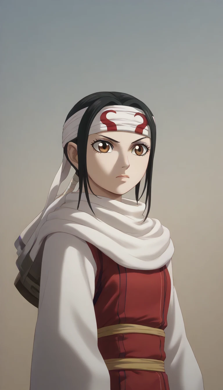 cowboy shot  masterpiece, super detail, high details, high quality, best quality, highres, 1080P, 8k, 16k  brown eyes very accurate clothing  score_9, score_8_up, score_7_up, ((cowl)) (((headband on forehead))) detailed clothing beautiful girl kyoukai  