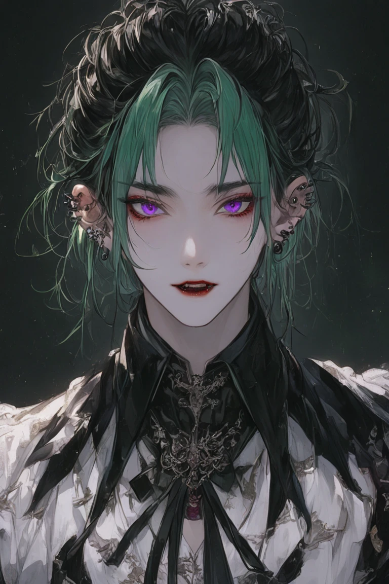 1boy, green hair, black roots on top of his hair, purple eyes, white fangs, pale skin, medium length hair, vampire outfit, black ear piercings.