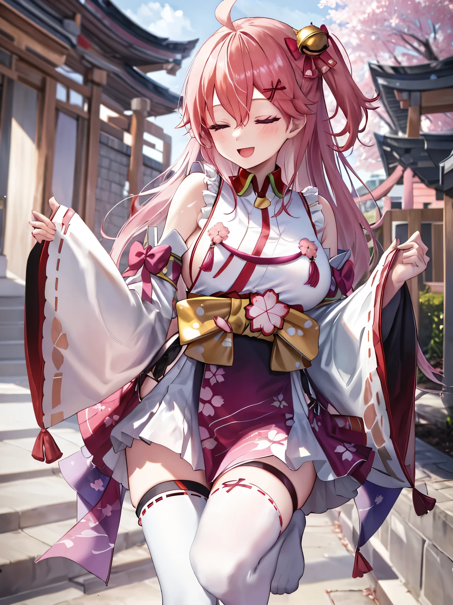 masterpiece, best quality, highres, miko1, sakura_miko, 1girl, big_boobs, solo, ahoge, x_hair_ornament, light_red_hair, floral print, hairclip,(side_less_clothes:1.5), (side_boobs:1.5), hair_bell, floral print, long_hair, hair between eyes, one side up, white thighhighs, asymmetrical legwear, wide sleeves, open_mouth,(happy:1.3),closed_eyes,big_smile,(XD:1.5),plump,,(overly_long_sleeves:1.3),),sleeves_past_wrists,hands_hidden_sleeves,sidelock_clothes,solo,hidden_wrists,(XD:1.4),covered_nipples,sunlight,cherryblossom_temple_landscape_background,rise_arms, trying_to_hug