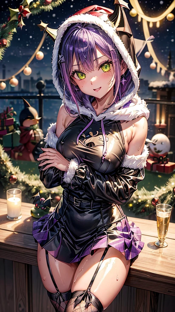 (highest quality)), ((masterpiece)), (Familiar), Perfect Face,Shiny skin,Beautiful breasts、Shiny skin、(((BLACK-purple Santa  dress、mini skirt、garter、fish net tights、hoodie、fur jacket、)))、oil skin、Sweat、Off the shoulder、Double teeth 、short hair、Big Breasts、Embrace、winter、close、near、(((night)))、shooting STAR、candle、(((White unitard)))、(((Tokoyami Towa (Hololive). )))、(((Christmas)))