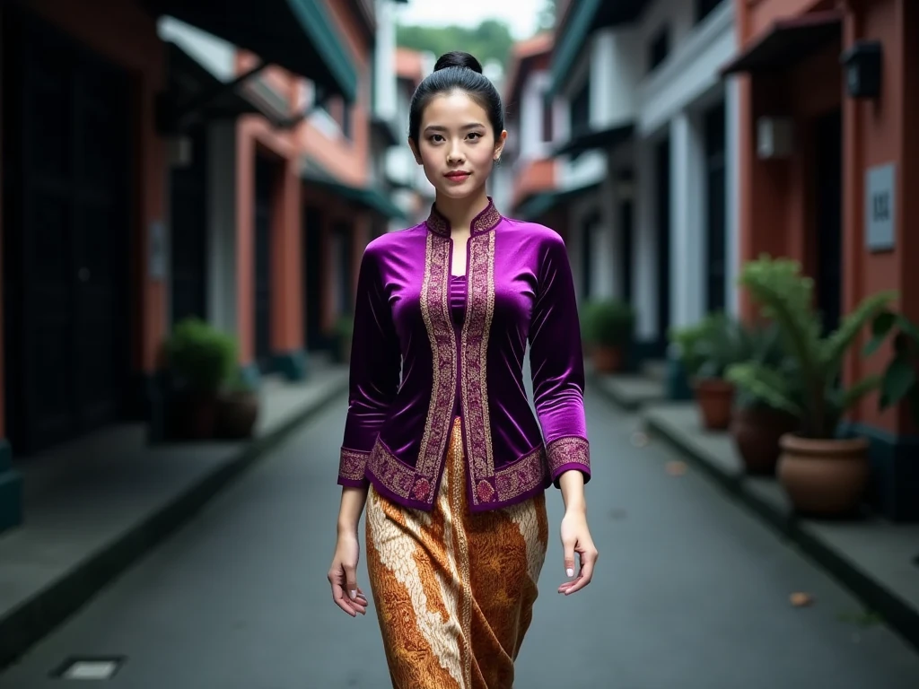 a beautiful Javanese young woman wearing a traditional kebaya outfit. detailed her face with flawless makeup. Her hair is styled neatly in a traditional Javanese hair bun style. The kebaya features intricate glossy purple velvet with embroidery on the bodice and edges paired, with a tight batik skirt. She is gracefully walks in a outdoor setting street alley city night atmosphere. The overall mood is graceful and culturally authentic, emphasizing the richness of Javanese tradition