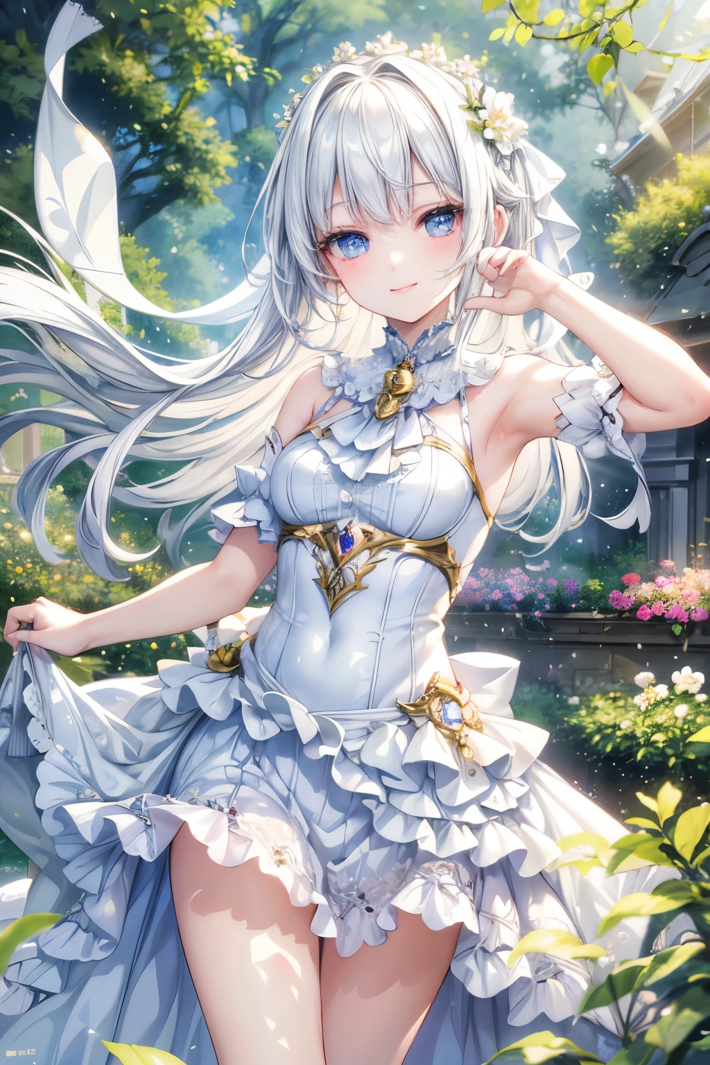 masterpiece, top quality, very detailed,photo realistic , realistic , ultra high resolution, Masterpiece, pretty girl, ager,White Hair,White straight hair, perfect eyes, VERY CUTE ,slender, aristocrat dress ,gem,Decorations,dance,smile,garden
