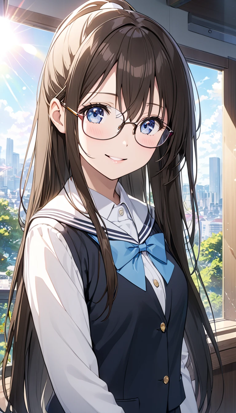 、Shizukuozaka 、 long hair on background、bangs、 blue eyes、 brown hair 、ribbon、ribbon、 hair between eyes、 ponytail、ヘアribbon、 side lock、赤いribbon、 HALF UP、( top quality、masterpiece:1.2)、( 1 girl、solo:1.2)、cute、smile、 Detailed Background 、( look who sees it、soloフォーカス:1.2)、Light on face、null、青null、 Cowboy Shot 、sunlight、 lens flare、 is written by、 Scenery、 mouth、Osaka Shizuku 、 long hair on background、ヘアribbon、 blue eyes、 black hair、 straight hair、 Nijigasaki Academy uniform　Glasses